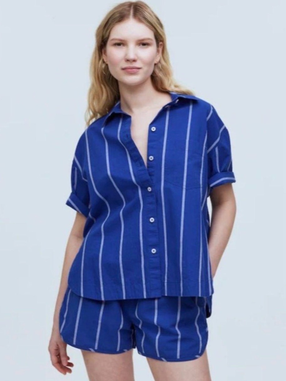 MADEWELL Oversized Boxy Button-Up Shirt in Signature Poplin Blue/White Women XXS